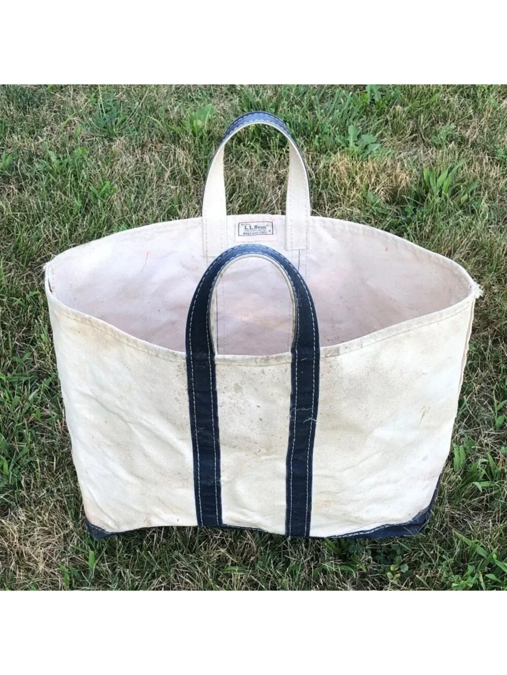 Vintage  80s LL Bean Canvas Boat & Tote Navy Handle Sawtooth Crinkle Tag Large